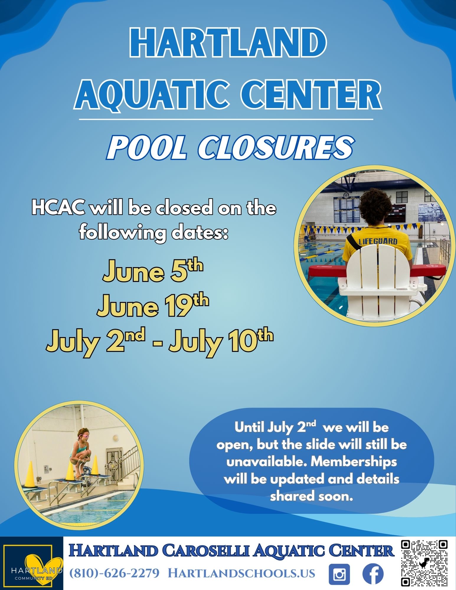 Slide stairs are being renovated. The pool will be closed May 18-May 22 and July 3-July 10. The slide will be closed May 18-July 10.